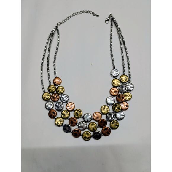 Other Jewelry - Tri Tone Hammered Disc Statement Necklace Silver Gold Copper Adjustable